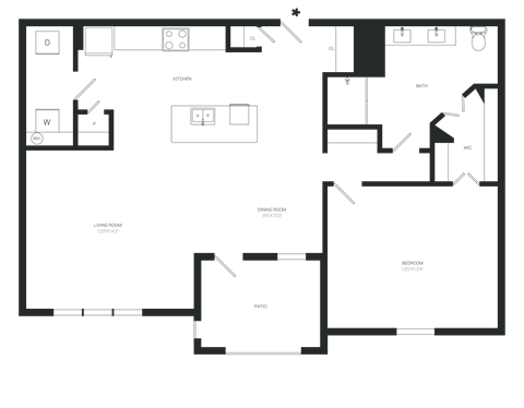 Floor plan for 1 bed, 1 bath, 855 sqft